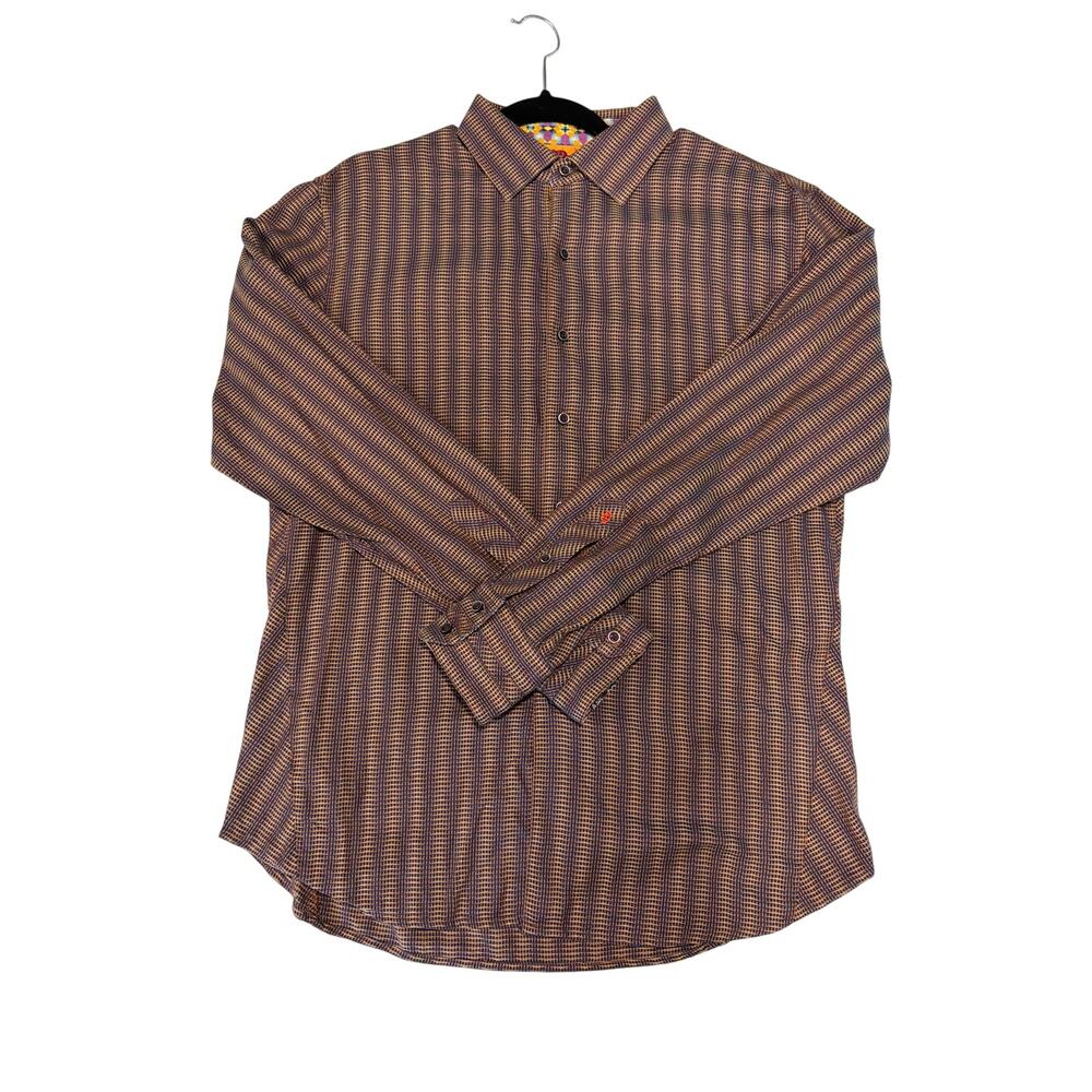 VTG Robert Graham long-sleeve cotton button-up Size L brown tan striped pattern.